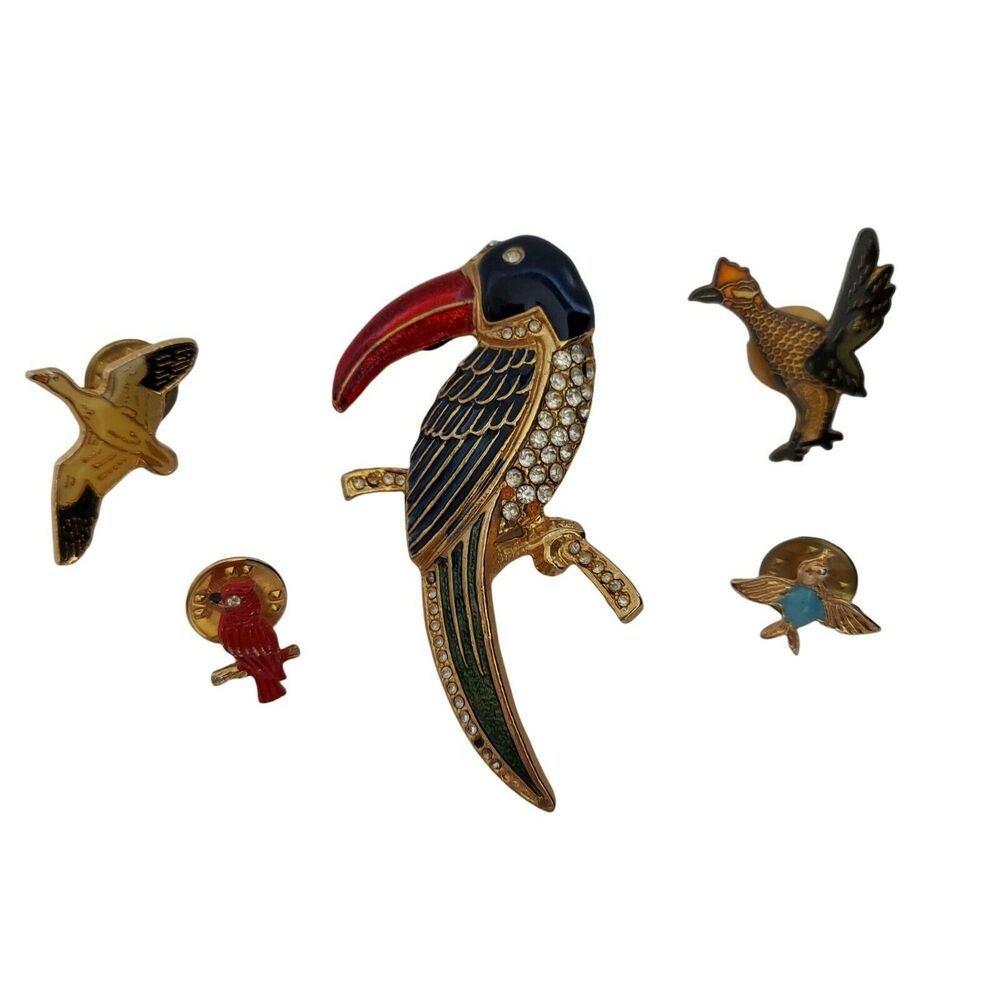 5 Bird Pins Lot Rhinestone Toucan Enamel Roadrunner Bluebird Red Parrot Brooch